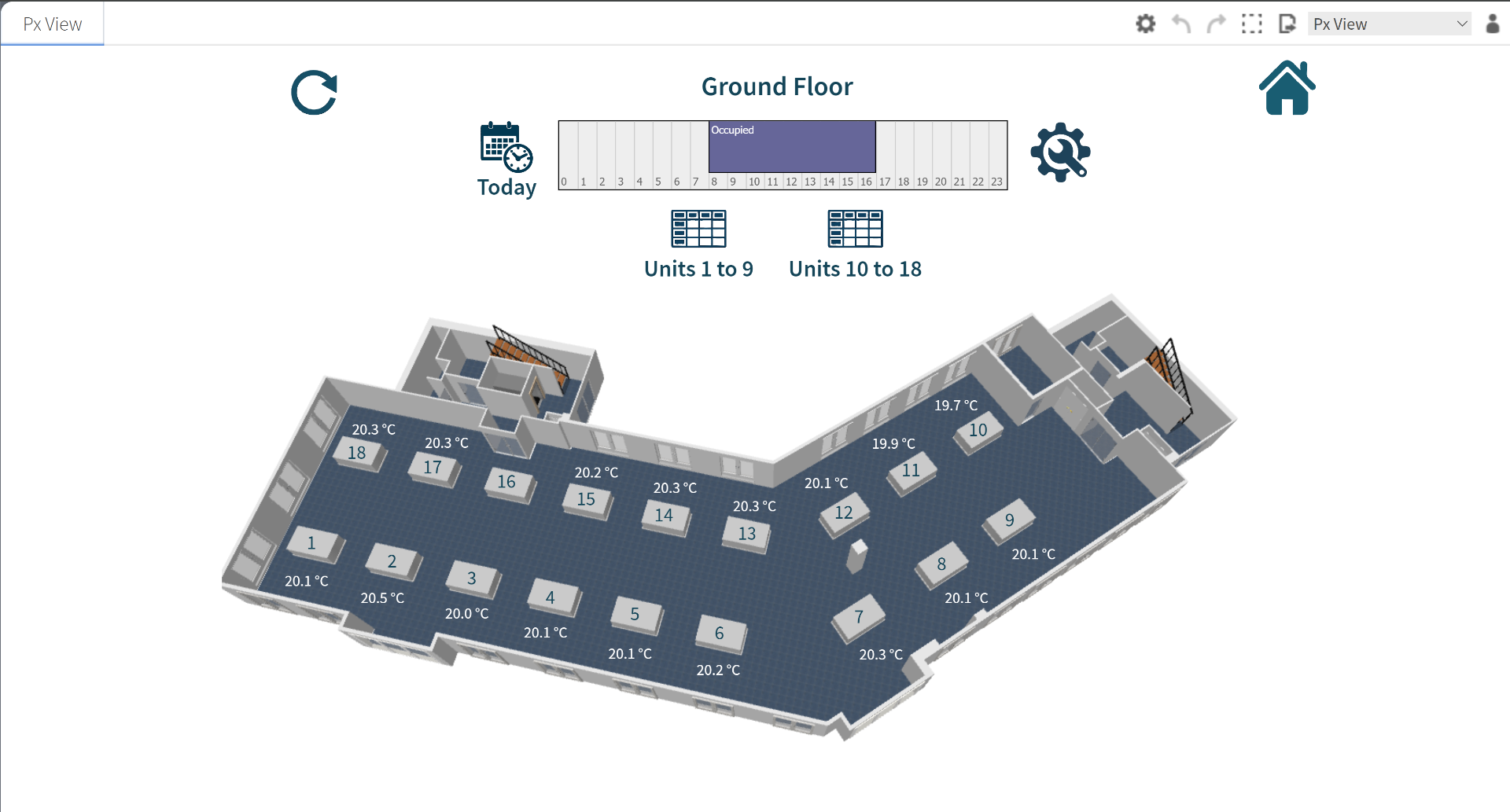 Optimised BMS floorplan graphic with live environmental values